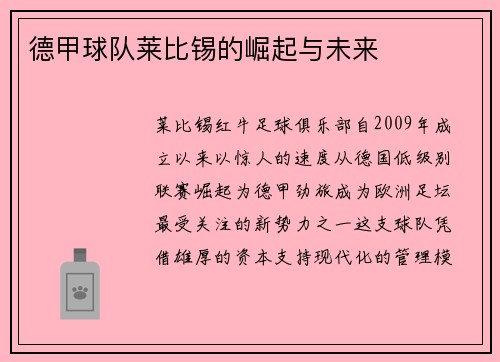 德甲球队莱比锡的崛起与未来